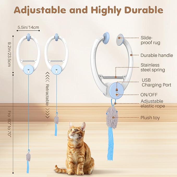 Interactive Cat Toys Rechargeable, Feather Toy for Indoor Cat, Hanging Retractable Teaser Toy, Automatic Kitten Play Chase Exercise Toys with Three Plush Mouse, USB Powered (Blue)-Mewly Pet