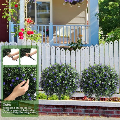 Yunlly Set of 2 Artificial Boxwood Topiary Ball Tree Fake Bushes Shrubs Outdoor Faux Plant with Ground Spike Flowers UV Resistance Greenery for Front Porch Garden Patio Indoor(Purple,27x18inch)