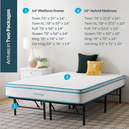 Linenspa 10” Memory Foam and Innerspring Hybrid Mattress + 14” Black Metal Platform Bedframe – Full Mattress + Metal Folding Full Bedframe