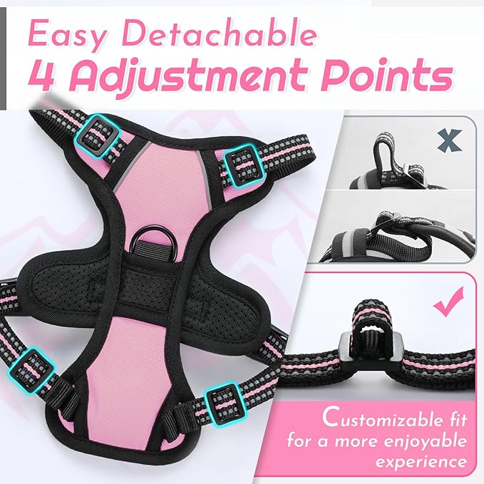 Eagloo Small Dog Harness No Pull, Service Vest with Reflective Strips and Control Handle, Adjustable and Comfortable for Easy Walking, No Choke Pet Harness with 2 Metal Rings, Pink, XS-Mewly Pet