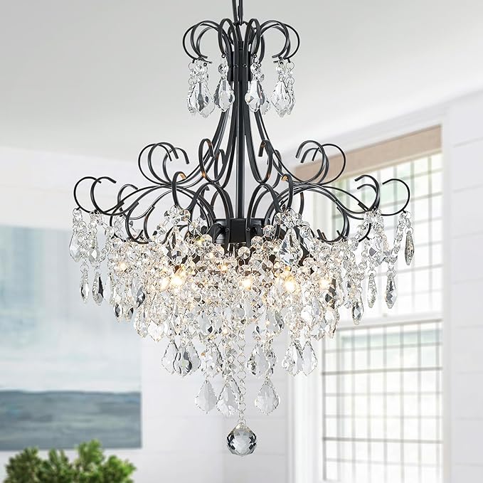 WUZUPS Crystal Chandelier 5-Light Pendant Ceiling Light Modern Lighting Fixture for Dining Room Hallway Bedroom Kitchen Bathroom, H 22.4" x W 18.3", E12 Base, Black