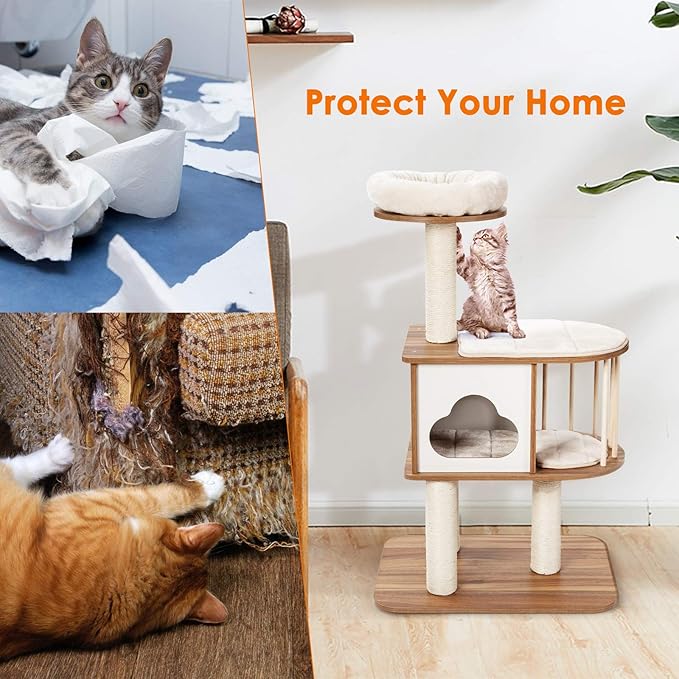 Tangkula Modern Wood Cat Tree, 46 Inches Cat Tower with Platform, Cat Activity Center with Scratching Posts and Washable Cushions, Wooden Cat Condo Furniture for Kittens and Cats (Natural)-Mewly Pet