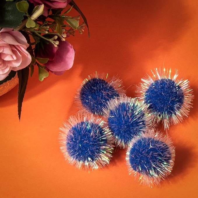VAPKER 30 Pcs Cat Ball Toys Sparkle Balls Extra Large 2 Inch Cat's Favorite Chase Glitter Ball Glitter Tinsel Pom Poms Balls Dark Blue Color-Mewly Pet