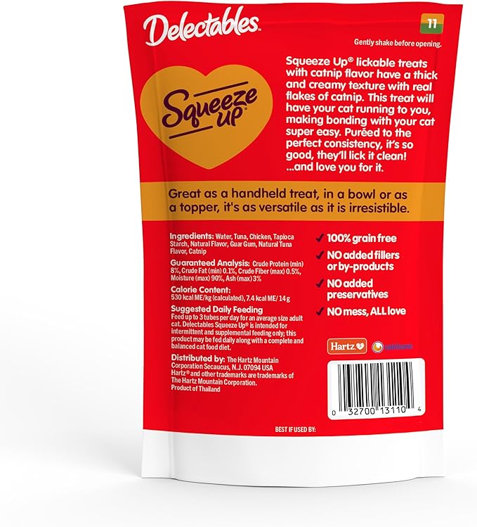 Delectables Squeeze Up Creamy Squeezable Puree, Lickable Wet Cat Treats, Grain Free, No Added Fillers, No By-Products, No Added Preservatives, 0.5 Ounces Tube Chicken with Catnip, 32 Tubes Total-Mewly Pet