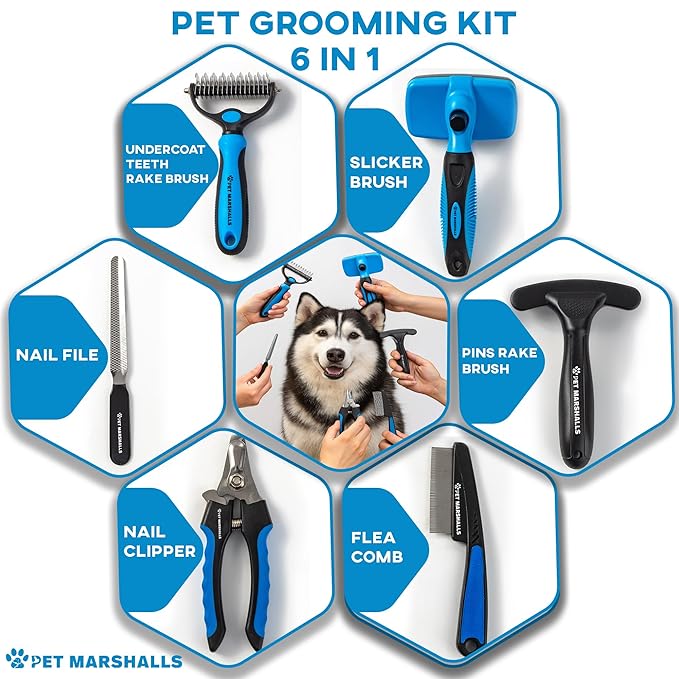 Pet Grooming Brushes Kit - 6-in-1 Complete Grooming Accessories for Deshedding, Detangling, and Dematting including Nail Clipper and File-Mewly Pet