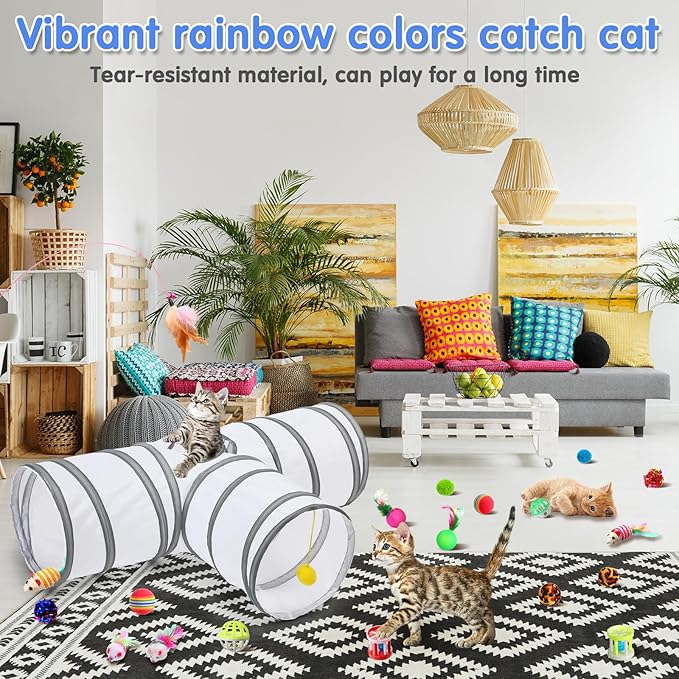 Wettarn 22 Pieces Cat Toys Set, with 2 Collapsible Tunnels for Indoor Cats and 20 Kitten Toys Tubes and Tunnels Interactive Feather Mouse Crinkle Balls for Pets Puppies(White)-Mewly Pet