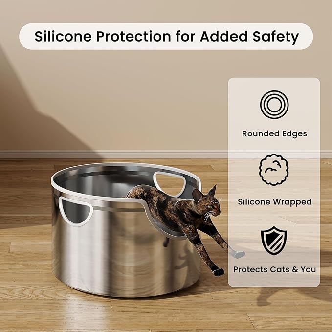 Stainless Steel Litter Box Metal with Integrated Round for XL/XXL Big and Multi Cats, 12" High Wall High Side, Odor Control, Easy to Clean, Durable, Includes Stainless Steel Scoop-Mewly Pet