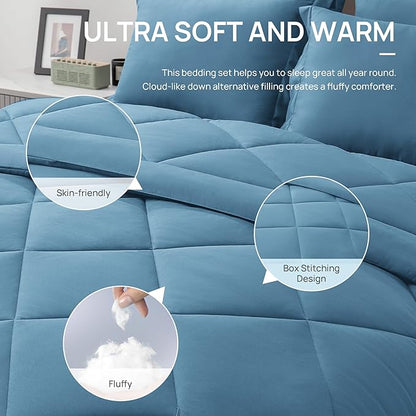 Love's cabin California King Comforter Set Misty Blue, 7 Pieces California King Bed in a Bag, All Season Bedding Sets with 1 Comforter, 1 Flat Sheet, 1 Fitted Sheet, 2 Pillowcase and 2 Pillow Sham