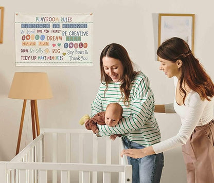 Sioial Playroom Kids Toddler Room Wall Decor, Play Room Rules Wall Decor for Kids Play Game Room Bedroom Nursery Home School Playroom Essentials,Canvas Hanging Banner Poster 28.5x20 Inch