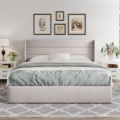 Allewie King Size Lift Up Storage Bed, Modern Wingback Headboard, Hydraulic Support, No Box Spring Needed, Light Beige