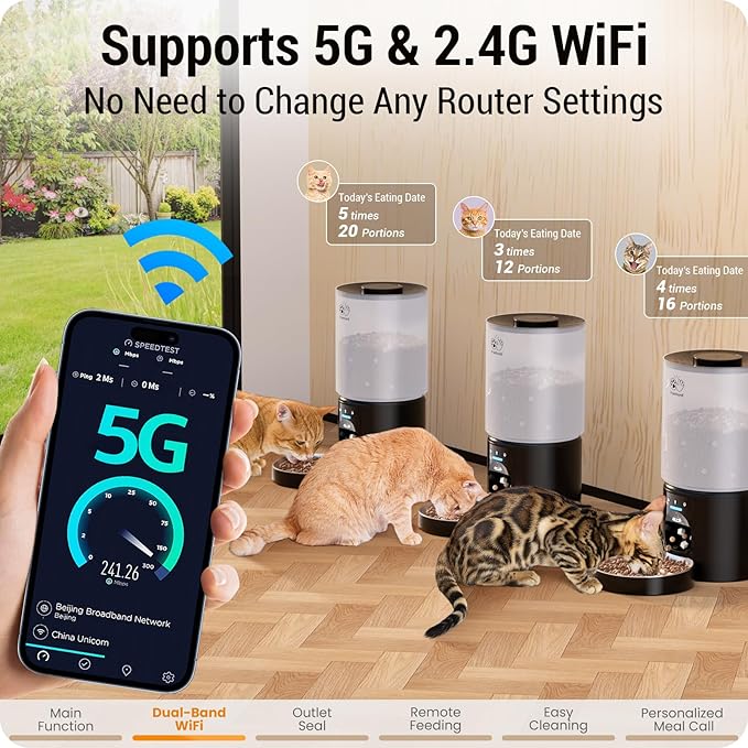 5L Automatic Cat Feeder with Sealed Outlet: 5G WiFi Automatic Dog Feeder with APP Control, Auto Cat Food Dispenser with Voice Recording for Pets, Detachable for Easy Clean - 21 Cup-Mewly Pet