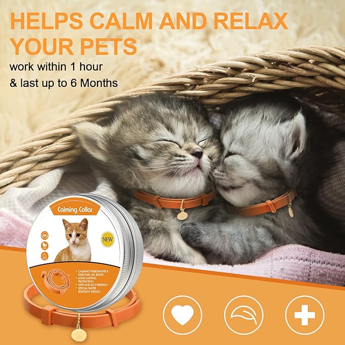 4 Pcs Cat Calming Collar Adjustable Lavender Scent Relaxing Cat Collar with 2 Pendant for Puppies Reduce Stress Aggression Anxious, up to 15 Inches(Orange)-Mewly Pet