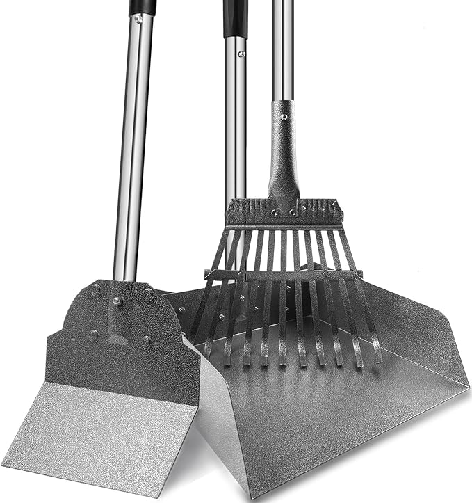 Dog Pooper Scooper for Large Dogs, 3 Pack Adjustable Long Handle Metal Tray, Rake and Spade Poop Scoop with Bin for Pet Waste Removal, No Bending Clean Up for Medium and Large Dogs-Mewly Pet