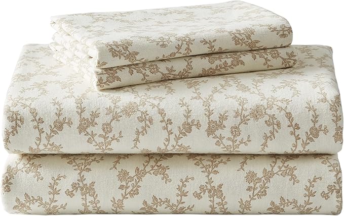 Laura Ashley - Flannel Sheets Full Size, Anti-Pilling & Wrinkle Resistant Cotton, Touchably Soft for All-Season Comfort - Bed Sheets with Matching Pillowcases & Fitted Sheet (Victoria Beige)
