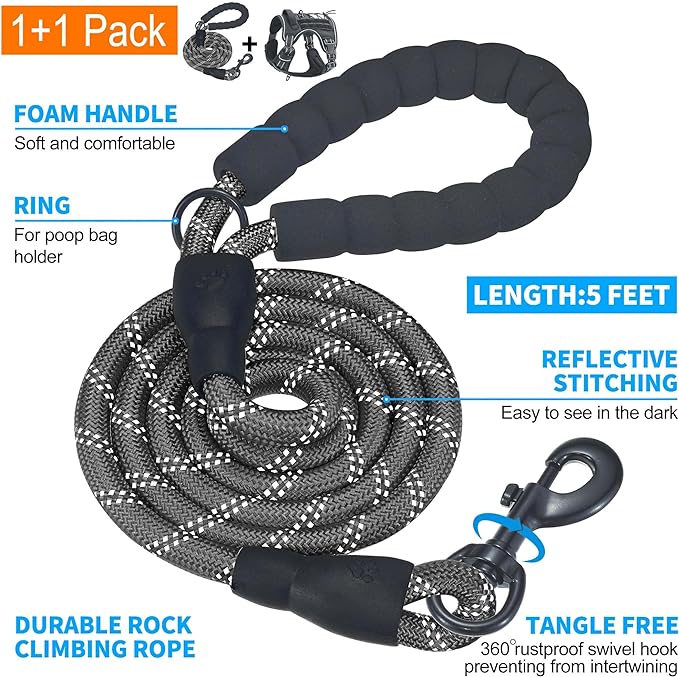 Heavy Duty Tactical Dog Harness for Large Dogs, No Pull Adjustable Pet Harness Reflective Service Training Easy Control Pet Vest Military K9 Working Dog Harnesses-X- Large, Black-Mewly Pet