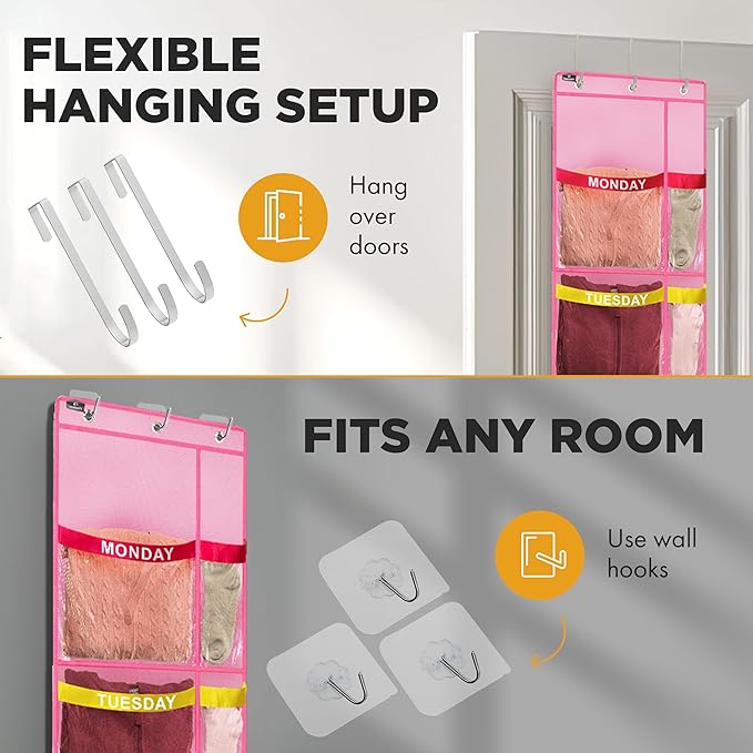 Over the Door Weekly Clothes Organizer - 5 Shelf Hanging Closet Storage with Day of the Week Labels - Weekly Clothes Organizer For Kids - Space-Saving Over Door or Wall Hanging Organizer (Pink)