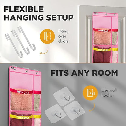 Over the Door Weekly Clothes Organizer - 5 Shelf Hanging Closet Storage with Day of the Week Labels - Weekly Clothes Organizer For Kids - Space-Saving Over Door or Wall Hanging Organizer (Pink)