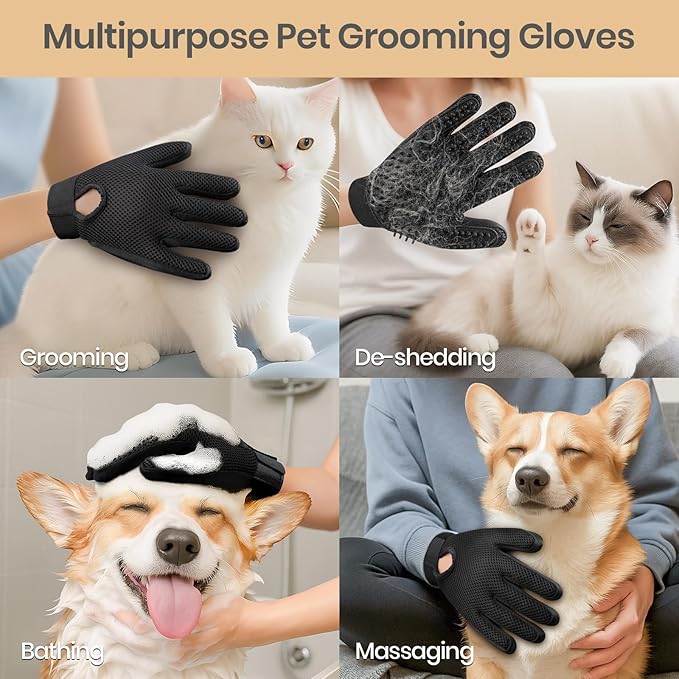 Pet Hair Remover Glove - Gentle Pet Grooming Glove Brush - Deshedding Glove - Massage Mitt with Enhanced Five Finger Design - Perfect for Dogs & Cats with Long & Short Fur - 1 Pack (Right-hand), Black-Mewly Pet