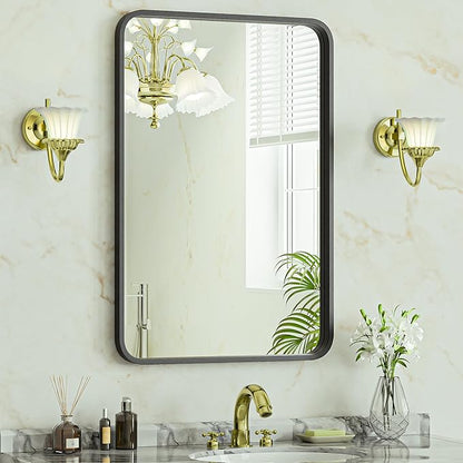 SUPER DEAL 22x30 Inch Black Wall Mirror for Bathroom, Wall Mounted Rectangular Entryways Decor Vanity Mirrors with Stainless Steel Metal Frame and Rounded Edge