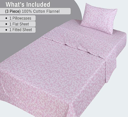 RUVANTI Flannel Sheets Twin Size - 100% Cotton Double Brushed Twin Sheets Set, Deep Pockets 16 Inches, All Seasons Breathable & Extra Soft Bed Sheets, Warm & Cozy, 3 Piece, Pink Flora