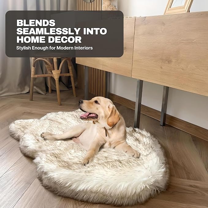 IHAPPYDOG Luxury Faux Fur Orthopedic Dog Bed, Memory Foam Dog Bed for Small, Medium, Large and XL Pets, Fluffy Pet Rug with Waterproof and Washable Cover (White w/Brown Tips, 40"x25")-Mewly Pet