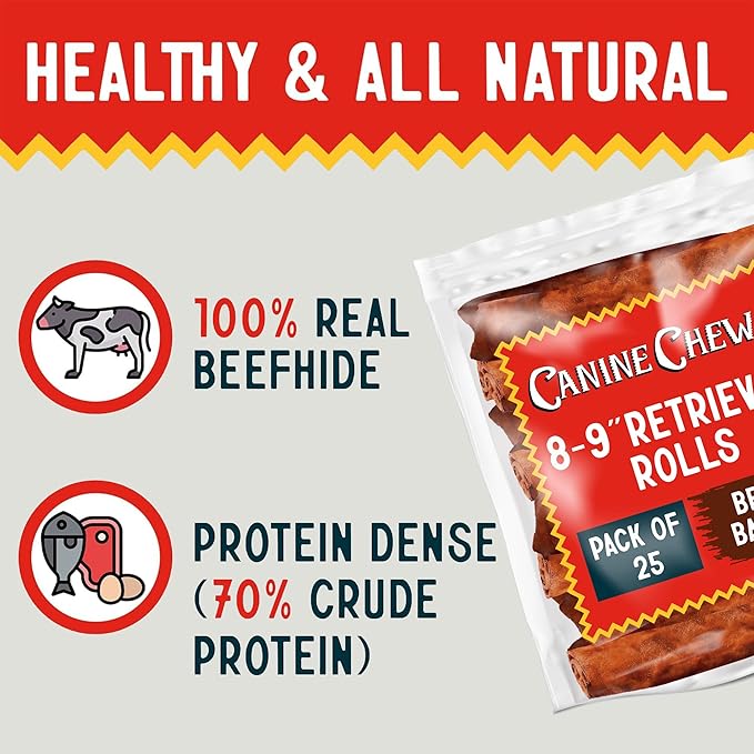 Canine Chews 8-9" Beef Basted Thick Rawhide Retriever Rolls - Pack of 25 Beef-Flavored Long-Lasting Dog Rawhide Chews - Protein-Dense Jumbo Rawhide Bones For Large Dogs - Treats for Aggressive Chewers-Mewly Pet