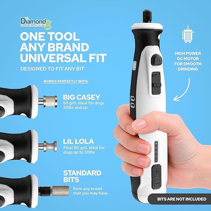 Diamondg Cordless Dog Nail Grinder with Quiet Sound & LED Tip for Large & Small Dogs, 4hrs. Runtime, 2 Bits Included, White-Mewly Pet
