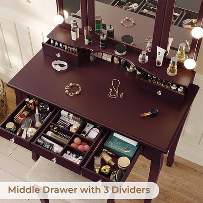 Tiptiper Vanity Desk, Makeup Vanity with Lighted Tri-Folding Mirror & Stool, Vanity Table Set with 10 LED Light Bulbs & 3 Color Lighting Modes, Makeup Table with 5 Storage Drawers, Brown