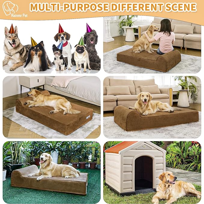 Orthopedic Dog Beds for Large Dogs, 7" Memory Foam Dog Beds with Waterproof Liner, Chew Proof Microsuede Cover, Removable and Washable, Nonskid Bottom, 52"x36" XL Brown-Mewly Pet