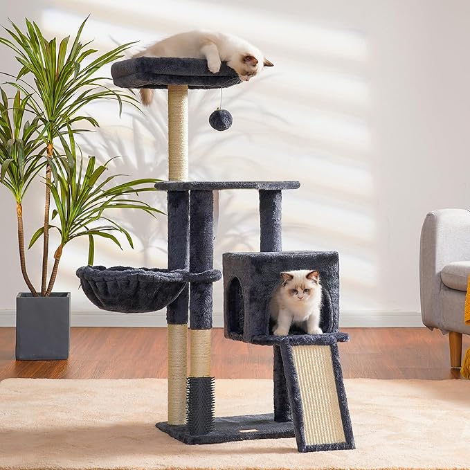 Heybly Cat Tree with Cat Self Groomer Brush, Cat Tower Condo for Indoor Cats with Padded Plush Perch, Cat House with Basket Scratching Board Post, Smoky Gray HCT005SG-Mewly Pet