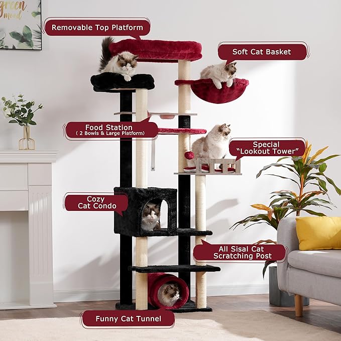 Cat Tree with Tunnel, Cat Tower for Indoor Cats, Tall Gothic Cat Tree Tower with Cat Condo, Food Station, Large Platform, Scratching Posts, Hammock, Black and Red GCT021BR-Mewly Pet
