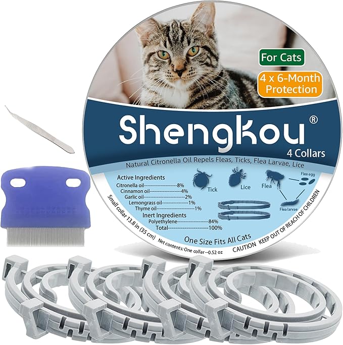 Flea and Tick Collar for Cats. Offers 4 * 6 Months of Protection. Made from Quality Essential Oils. Waterproof and Natural. Protects Kittens. Free Flea Comb and Tick Tweezers. (4 Pack - 13.8 inches)-Mewly Pet
