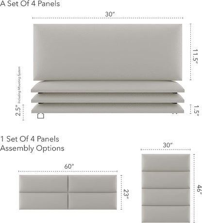 Vänt Upholstered Wall Panels - Queen/Full Size Wall Mounted Headboards - Zigrino Leather Oyster – Panel Size 30” Wide x 11.5” High - Pack of 4 Panels