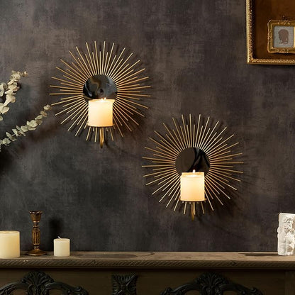 AIM & GGKK Wall Candle Sconce Holder,Set of 2 Mirror Wall Mounted Metal Candle Holder for Home,Living Room, Dining Room,Rustic Farmhouse Boho Decorations