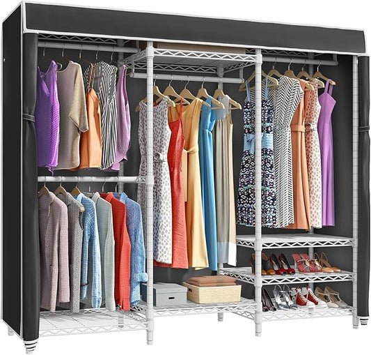 VIPEK V5C Bedroom Armoires Portable Clothes Closet Rack, White Metal Clothing Rack with Black Cover, Adjustable Custom Freestanding Closet Wardrobe Heavy Duty Covered Clothes Rack, Max Load 890LBS