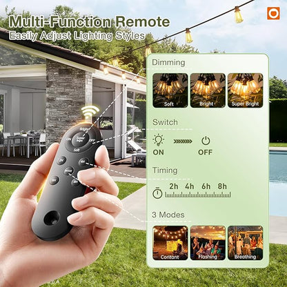 addlon 54(48+6) FT Solar String Lights Waterproof,Patio Lights Solar Powered with Remote & USB Port 15+1 LED Shatterproof Bulbs 3 Light Modes, Dimmable Solar Light for Camping Backyard Garden