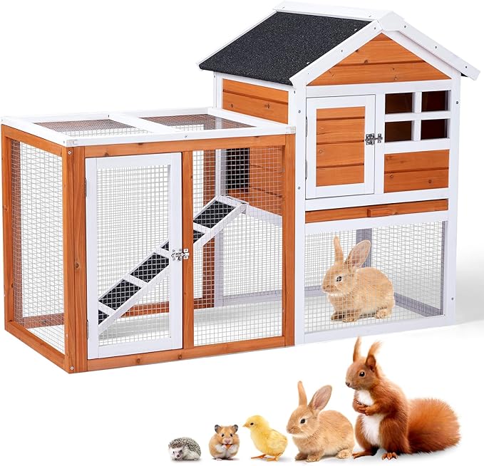 Outvita Rabbit Hutch, Small Wood Chicken Coop, 48" Guinea Pig Cage w/Pull-Out Tray, Waterproof Asphalt Roof, Chicken Run, Interactive Door for Small Animal Pen Outdoor-Mewly Pet