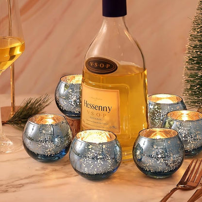 LAMORGIFT 12 PCS Blue Mercury Glass Votive Tealight Holders - Blue Centerpieces for Bridal Shower Decorations, Wedding Table Glass Decor
