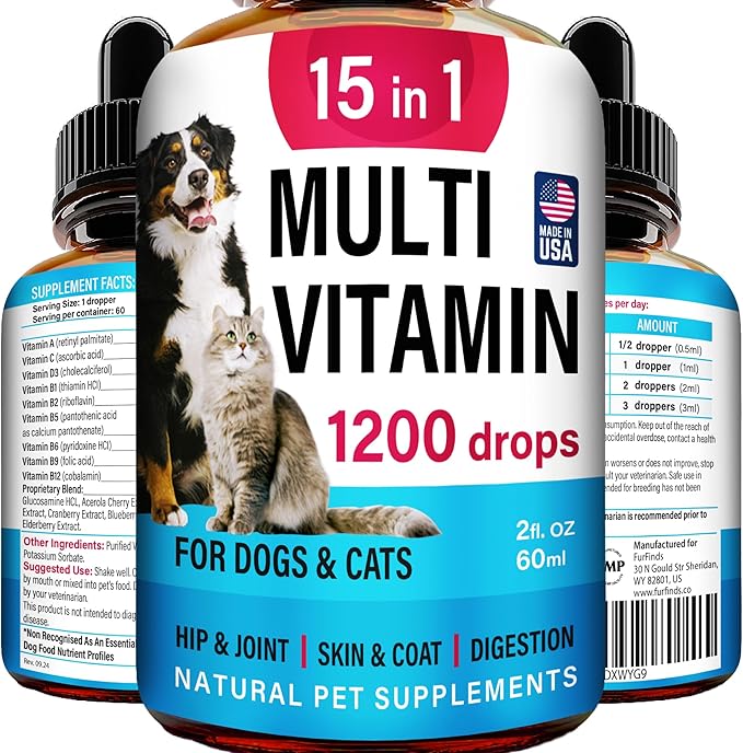 Advanced 15-in-1 Multivitamin for Dogs & Cats - Premium Liquid Supplement with Glucosamine, Vitamin B Complex and Cranberry for Joint, Digestive, Skin, Immune & UTI Support - 2.0 Fl Oz - Made in USA-Mewly Pet