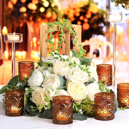 12 Pack Vintage Amber Votive Candle Holders, Glass Candle Holders for Wedding Table Centerpiece, Small Tealight Candle Holder for Home Decor, Tea Lights Candle Holder for Party, Boho Fall Decor