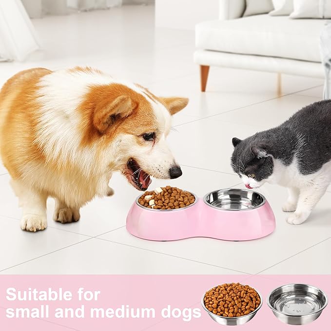 Stainless Steel Dog Bowls Set – Dual Non-Slip Pet Dishes with 2 Small (4oz*2) Bowls & Durable Resin Stand,Food & Water Feeder for Puppies, Kittens, and Small Breed Dogs– Pink-Mewly Pet