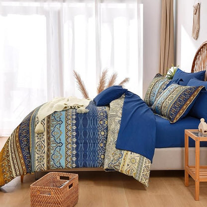 Cottolester Boho Queen Comforter Set 8 Pieces,Brown Blue Bohemian Comforter Paisley Striped Bed in A Bag,Soft Microfiber Bedding Set for All Season