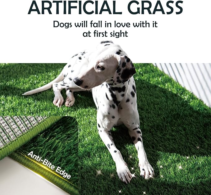 MEEXPAWS Dog Grass Pad with Foldable Dog Litter Box, Small Pee Pad Holder Foldable Liner Base High Side with Odor Free Artificial Grass for Puppy Potty Training Balcony, 2 PCS Reusable Pee Pads-Mewly Pet