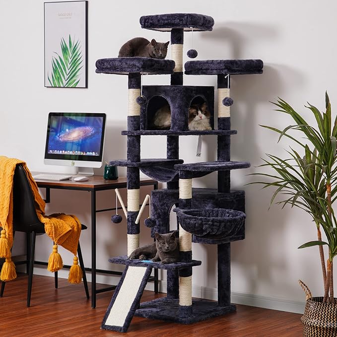 Hey-brother Cat Tree, 71 inches XL Large Cat Tower for Indoor Cats, Multi-Level Cat House with 3 Padded Perches, Big Scratcher, Cozy Basket, 2 Cat Condos and Scratching Posts, Smoky Gray MPJ034G-Mewly Pet