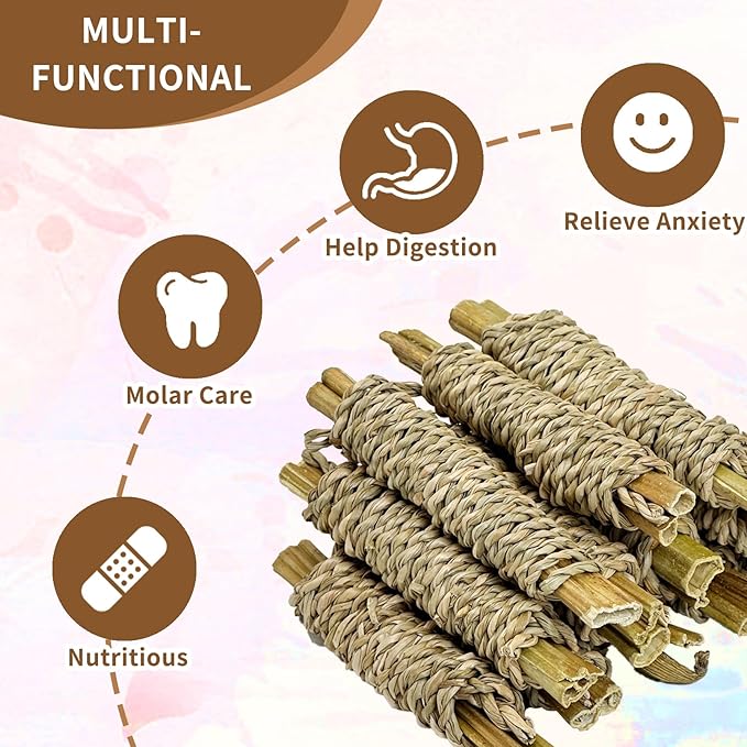 Fhiny 12 PCS Rabbit Chew Sticks, Natural Papaya Wood Seagrass Guinea Pig Chew Toys for Teeth Small Animal Molar Sticks Snacks for Bunny Guinea Pig Chinchilla Ferret Hamster Gerbil Dental Care-Mewly Pet