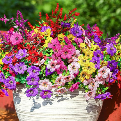 SHareconn 24 Bundles Artificial Flowers for Outdoors Decoration, Faux Plants Fake Silk Colorful Daisy Eucalyptus Lavender, UV Resistant for Outside Home Porch Patio Indoor Spring Decor, Mix 5 Colors