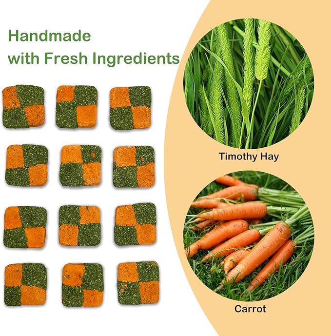 Fhiny 24 PCS Rabbit Chew Toys, Natural Timothy Hay Carrot Biscuit Handmade Bunny Molar Toys for Teeth Small Animal Snacks for Rabbits Guinea Pigs Chinchillas Hamsters Gerbils-Mewly Pet