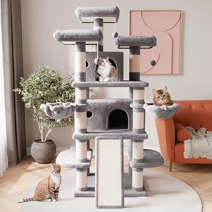 SHA CERLIN 68 Inches Multi-Level Large Cat Tree for Large Kitties/Big Cat Tower with Condo/Cozy Plush ‌Pussycat Perches/Sisal Scratching Posts and Hammocks/Activity Center/Grey-Mewly Pet