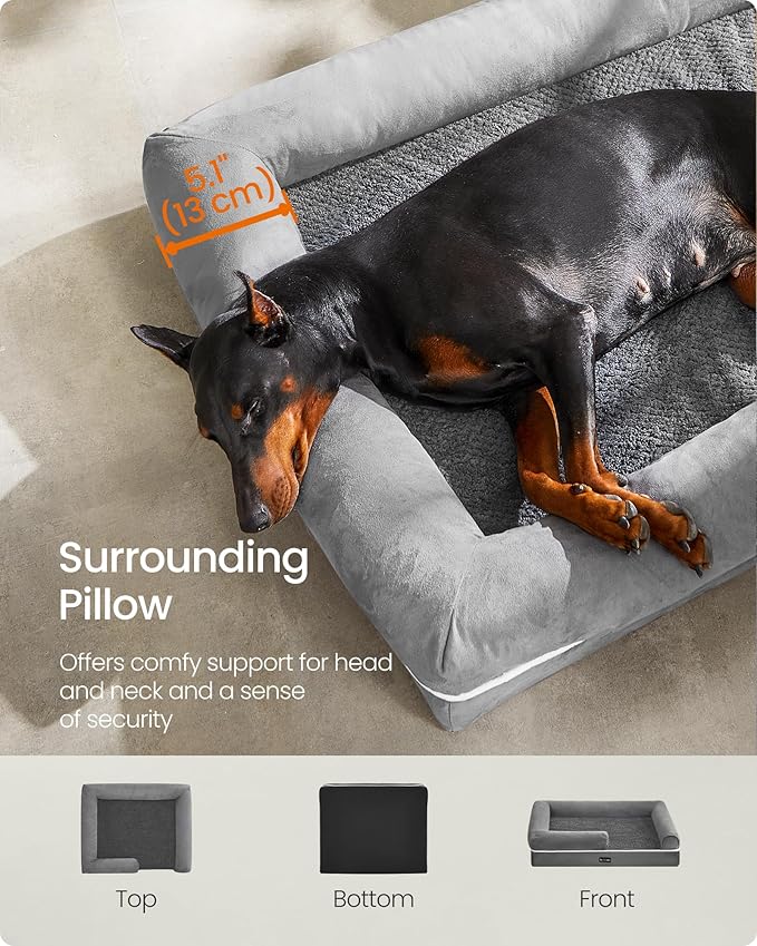 Feandrea Orthopedic Dog Bed, Large Dog Bed Waterproof, Removable Washable Cover Sofa with Non-Slip Bottom, Raised Edges, 48 x 33 x 8 Inches, Light Gray UPGW078G02V1-Mewly Pet