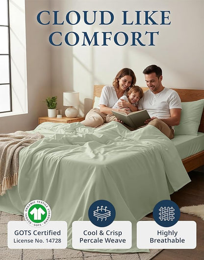 LANE LINEN 100% Organic Cotton Twin Sheets, Soft & Comfy Percale Weave Mercerized Fully Elasticized Reinforsed Seam Naturally Temperature Regulating Cotton Sheets Twin- Mineral